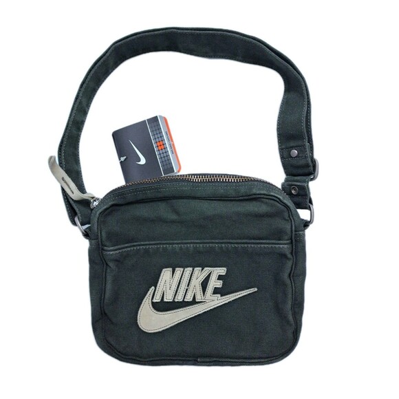 Nike Unisex Canvas Purse Shoulder Bag Crossbody Vintage Black Gray Leather Patch - Picture 1 of 10